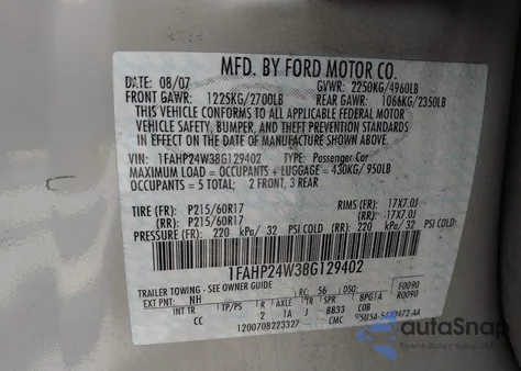 2008 Ford Taurus Sel z USA, uszkodzony, nr VIN 1FAHP24W38G129402